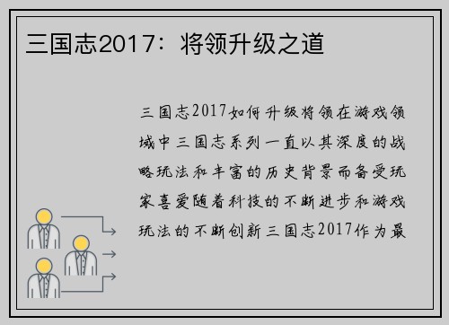 三国志2017：将领升级之道